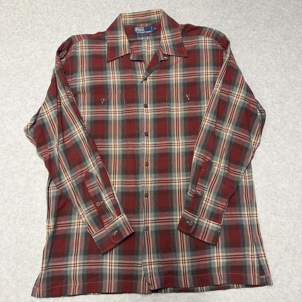 Polo Ralph Lauren Shirt Mens M Red Shadow Plaid Rayon Button Up Loop Collar